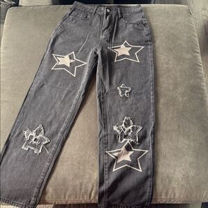 Men’s Streetwear Black Denim Jeans Star Design Baggy Loose Fit Size XL 34” NEW